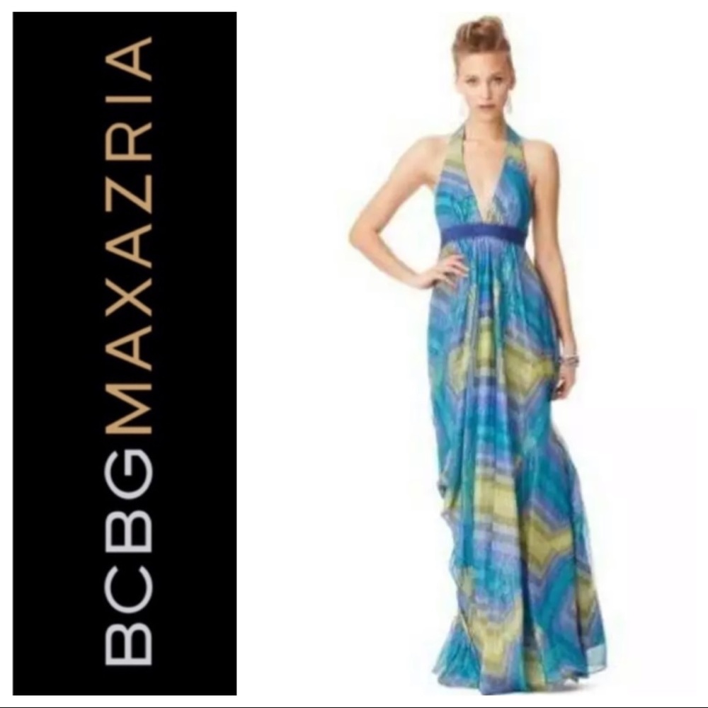 Silk NWOT BCBGMaxAzria Blue and Green halter Maxi Dress - Picture 3 of 12